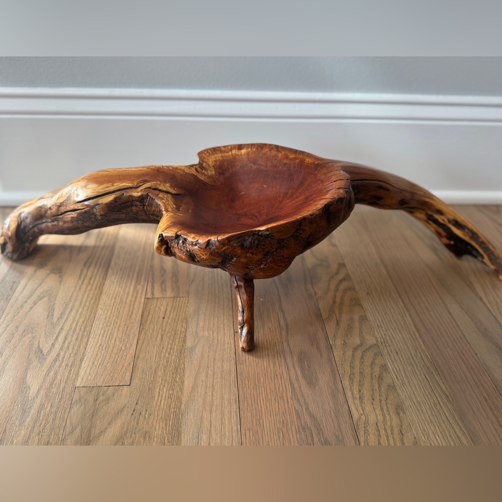 Hand carved REDWOOD BURL sculptural bowl with legs ORGANIC modern art MCM wood
